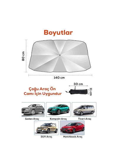 Araç Ön Cam Güneşliği Şemsiye Tipi 140x80 Cm Katlanabilir Koruyucu
