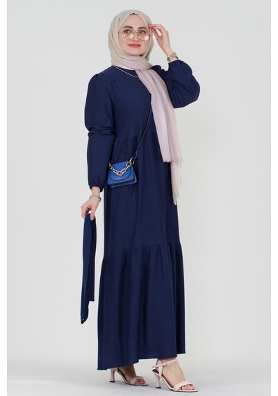 Sevitli Şura Fitilli Tesettür Elbise-saks Mavi-3297-saks Mavi Saks