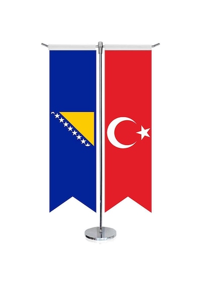 Bosna İ Hercegovina -bosna Hersek Bayrağı Ve Türkiye - Kırlangıç - Saten T Direk 2li Masa Bayrağı 1