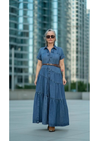 Byemelika Rahat Kalıp, Maxi Denim Elbise Çok Renkli