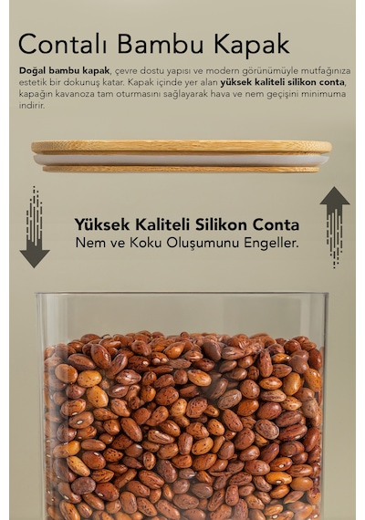 12'li Bambu Kapak Aura Dikdörtgen Saklama Kabı - Vakumlu Hava Almaz Kapak Erzak Bakliyat Kabı 1,5 Lt Bej
