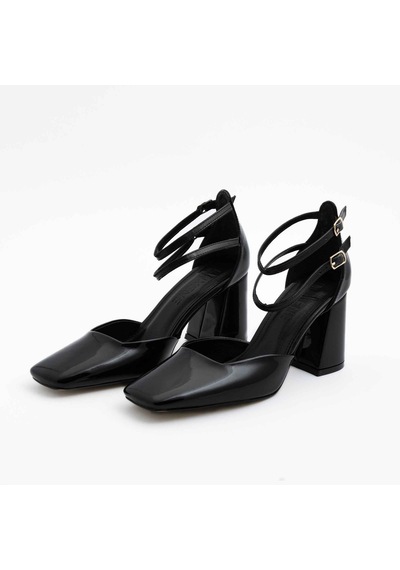 Gleam Kapalı Kare Burun 8cm Kalın Topuk Çift Bantlı Stiletto - Topuklu Ayakkabı 001