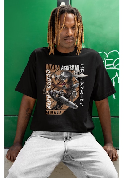 Sevbano Tasarım Mikasa Ackerman Attack On Titan Baskılı Unisex Oversize A Siyah