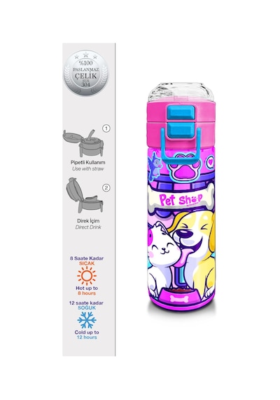 Coral High Kids Kedi Köpek Desenli Pipetli Ve Direkt İçim Çelik Termos 500 Ml 31810 Pembe - Koyupembe