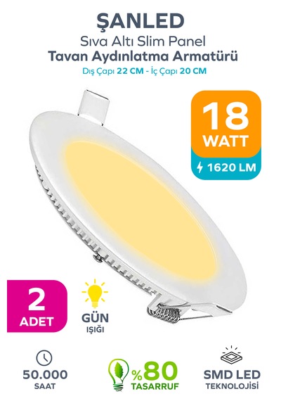 18w Tasarruflu Led Yuvarlak Gün Işığı Sıva Altı Slim Panel Tavan Aydınlatma Armatürü-2 Adet