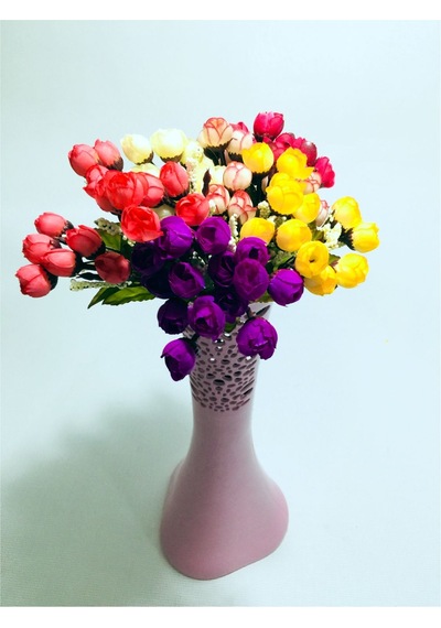40cm Uzun Desenli Pembe 6 Renk Fındık Tomurcuk Güllü Vazo