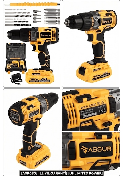Assur 12V Metal Şanzıman Çift Akülü Bakır Sargı Şarjlı Matkap Akülü Vidalama