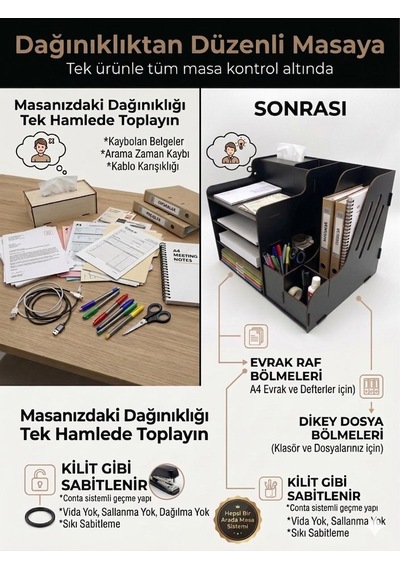 Mrx-org Desk 01 Masaüstü Organizer Peçetelikli Çok Amaçlı Masa Düzenleyici, Raflı Dosyalık Siyah