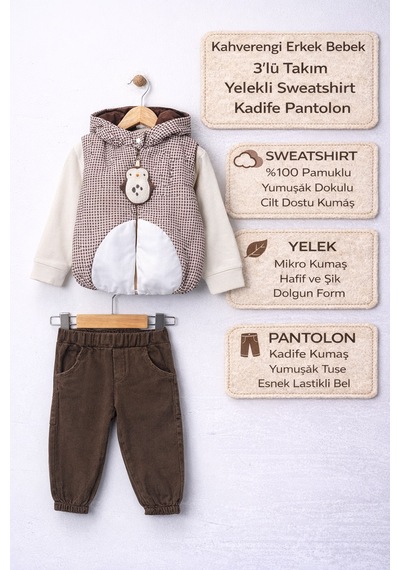 Harika Kids Erkek Bebek 3 Lü Takım 9-24 Ay Şişme Yelek %100 Pamuk Sweatshirt Kadife Pantolon Kahverengi