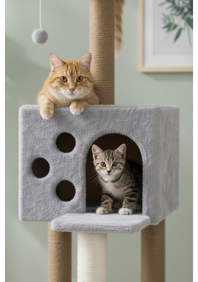 Pet Kedi Tırmalama Ve Oyun Evi Gri