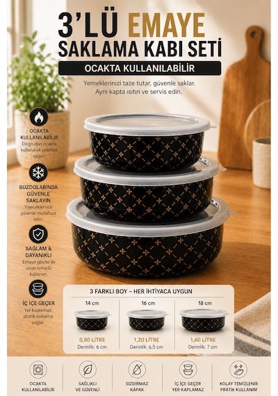 3 Lü Emaye Saklama Kabı Seti Kapaklı, Ocakta Kullanılabilir, İç İçe Geçer Minimal Desen Çok Renkli