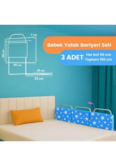 Miralay Yeni Nesil Yatak Bariyeri 50 x 30 CM Mavi Yıldız 3 Adet