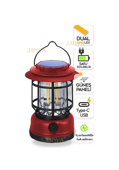 Janva Güneş Panelli Enerjili Nostaljik Dekoratif Ledli Kamp Feneri Lamba Işıldak Usb Şarjlı 18650 Kırmızı