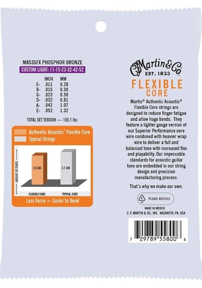 Martin Co Ma535fx Flexible Core Phosphor Bronze Akustik Gitar Teli Custom Light 11-52