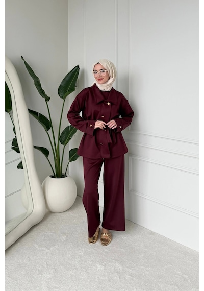 Mihran Butik Sophie Model Bel Kemer Ve Düğme Detaylı Kadın Takım Bordo Çok Renkli