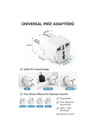Universal Priz Adaptörü 2 Li Set, Avrupa Tipi Fiş Eu,çoklu Girişli Seyahat Adaptörü, Tüm Ülkele