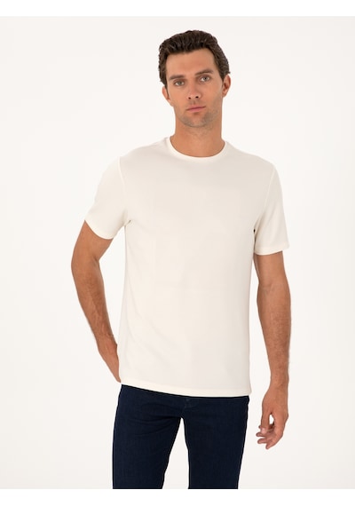 Ekru Regular Fit Baskılı Bisiklet Yaka T-shirt Bej