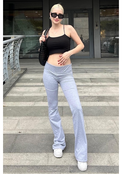 Madmext Grimelanj Beli Fitilli Yüksek Bel İspanyol Paça Pantolon Mg2096-grimelanj Gri Melanj