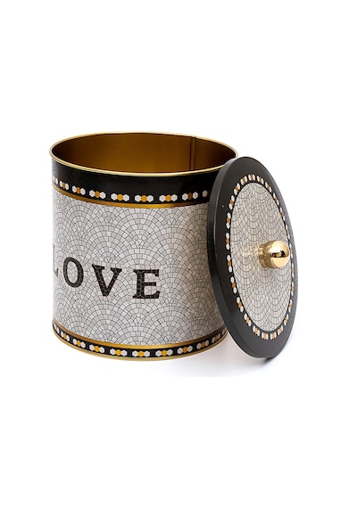 Mosaic Love Desenli Topuz Kulplu Yuvarlak Metal Saklama Kabı 17.5 x 18 CM 4.1 L Çok Renkli