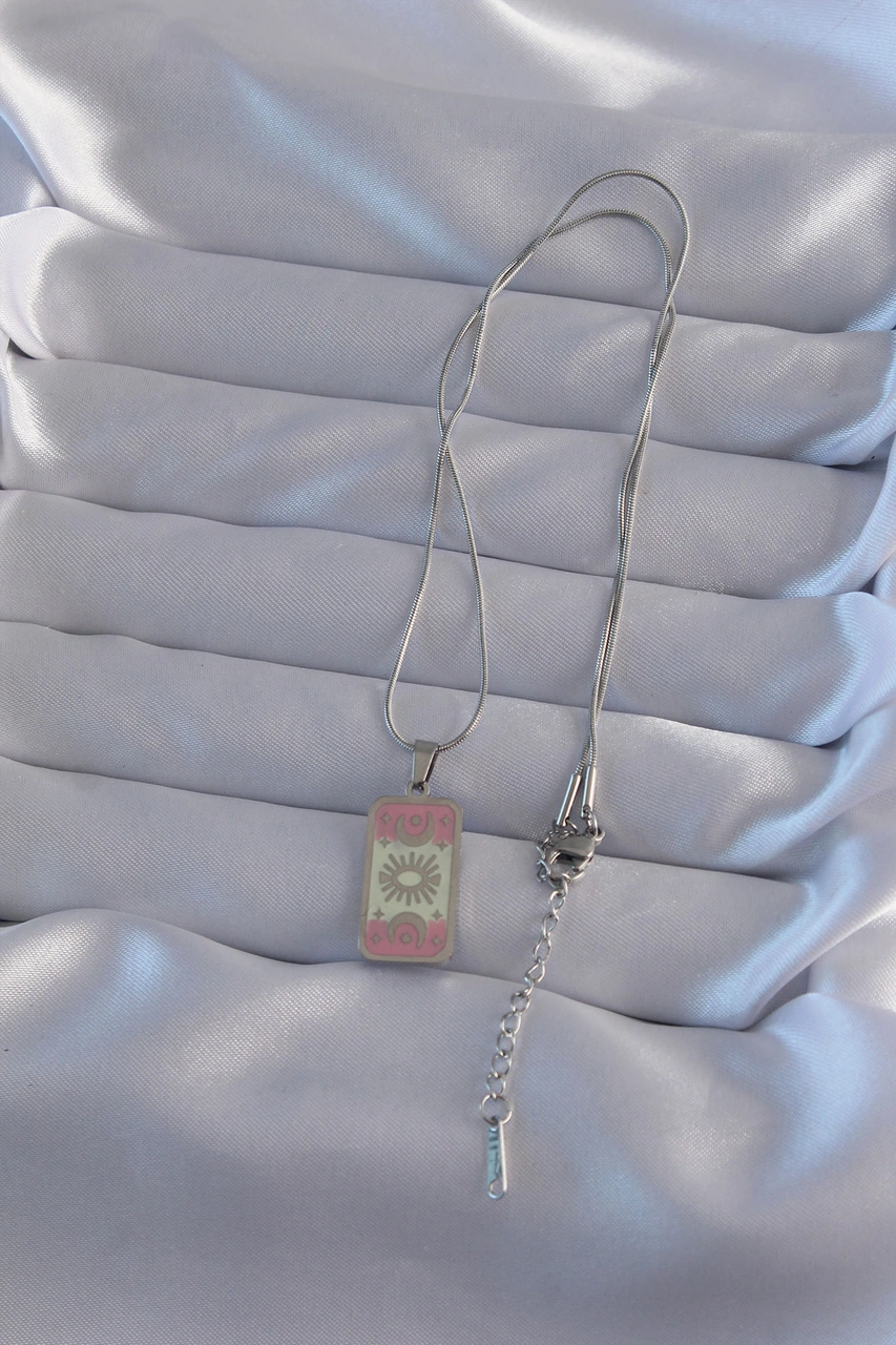 316l Çelik Silver Renk Pembe Mineli Ay Figür Tarot Kolye Gümüş