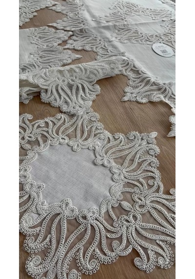 Salon Takımı Çeyizlik Krem Runner Set 5 Parça Keten Ranır Masa Konsol Sehpa Örtüsü Gülseda Sarı