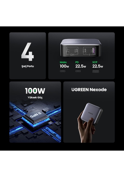 Ugreen Nexode 100W USB Type-C QC 4.0 PD 3.0 GanX 4 Portlu Hızlı Şarj Cihazı