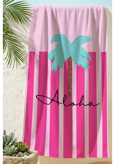 Palmiye Çizgili Tropikal Plaj Havlusu - Pembe Marine Modern Hızlı Kuruyan Mikrofiber Havlu Köpük Deniz