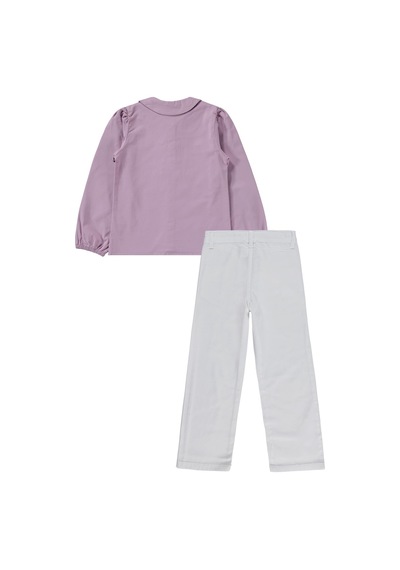 Civil Girls Fiyonklu Gömlek Pantolon İkili 6-9 Yaş Takım - Lila Beyaz - Lila