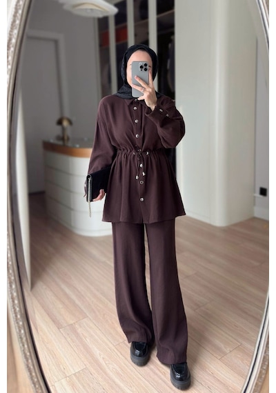 Ka Hijab Çıtçıt Detay Beli Büzgülü Takım - Kahverengi