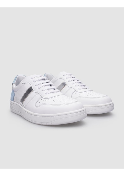 %100 Hakiki Deri Beyaz - Mavi Bağcıklı Kadın Sneaker-beyaz Beyaz