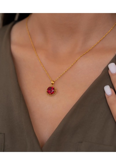 Bayar Gold 14 Ayar Altın Kırmızı Taşlı Telkari Kolye Sarı Altın