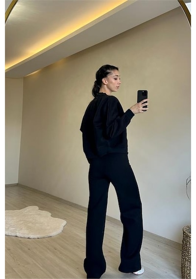 Neşeli Butik Kadın Fermuarlı Oversize Sweat Ve Yüksek Bel Eşofman Takımı Nm018 Siyah