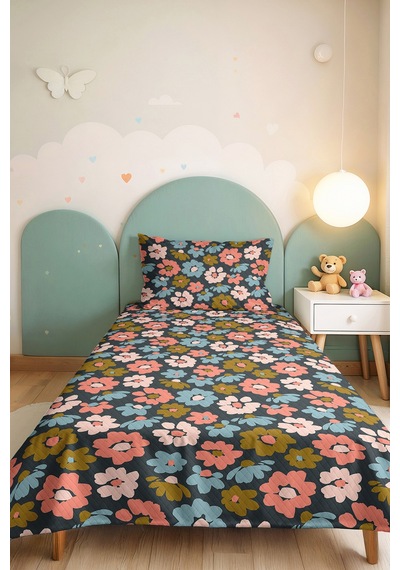 Çiçekli Antrasit Genç Odası Tek Kişilik Pike Takımı-retro Pembe Mavi 160x220cm Kapitone Yatak Örtüsü Fısıltılı Kil İzi