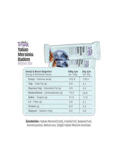 Yaban Mersini Ve Badem Aromalı Meyve Bar 35 G Meyve İçeren Pratik Atıştırmalık 2 Adet