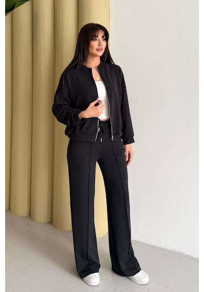 Balenbi Kadın Oversize Fermuarlı Modal Spor Takım Wide Leg Bol Paça 1194 - Form Serisi Siyah Balenbi Kadın Oversize Fermuarlı Modal Spor Takım Wide Leg Bol Paça 1194 - Form Serisi Siyah