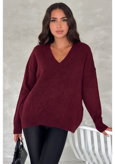 Femelle Kadın Bordo V Yaka Standart Beden Oversize Basic Triko Kazak