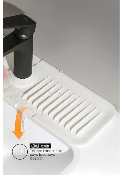 Elastik Musluk Matı Su Tutucu Düzenleyici Kaydırmaz Taban Organizer Mutfak Banyo Lavabo Beyaz