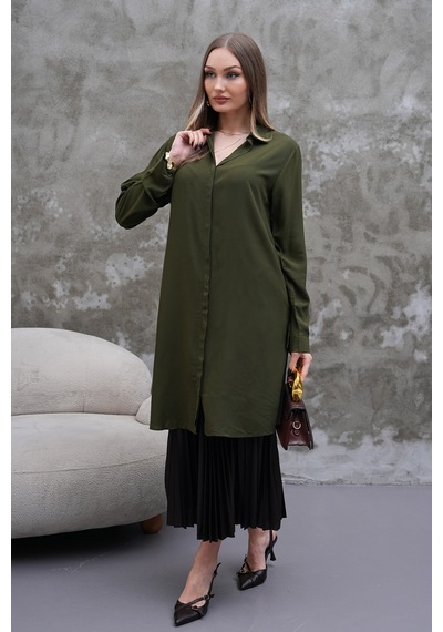 Polologin Butik Dökümlü Haki Yeşil Tunik Haki
