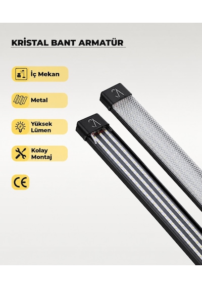 80w Siyah Kristal Led Bant Armatür 6500k Beyaz Işık 120 Cm
