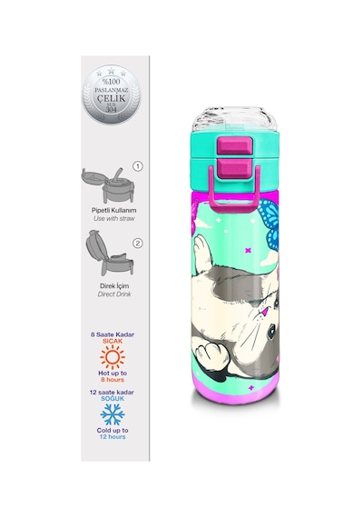 Coral High Kids Su Yeşili Pembe Kedi Desenli Pipetli Ve Direkt İçim Çelik Termos 500 Ml 31796 Yeşil