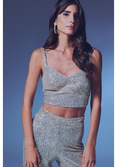 Sateen Kalın Askılı Payet Crop - Bej-135339 BEJ