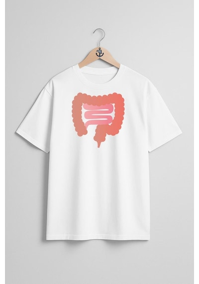 Oversize Bağırsak Kanseri Göğüs Tasarımlı Unisex T-shirt Beyaz