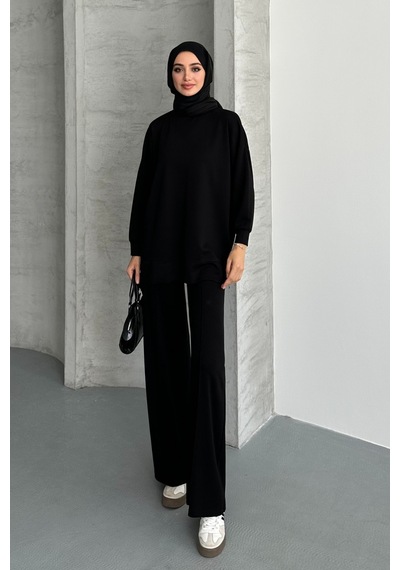 Feela Moda Kadın Modal Penye Oversize Tesettür Tunik Takım 2020 Siyah