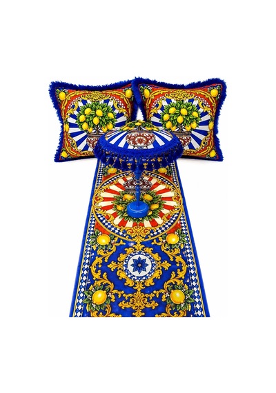 Missidea Limona Blue Bohem Ledli Bali Şemsiyesi Seti Led'li Şemsiye + 2 Adet Kırlent + Runner Mavi