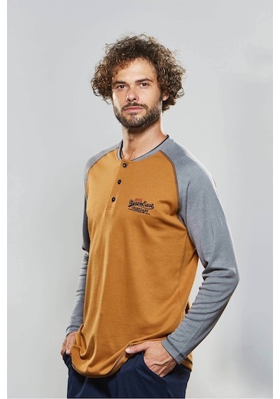 Pjs Erkek Kışlık Uzun Kol Hardal Pijama Takımı - Hardal