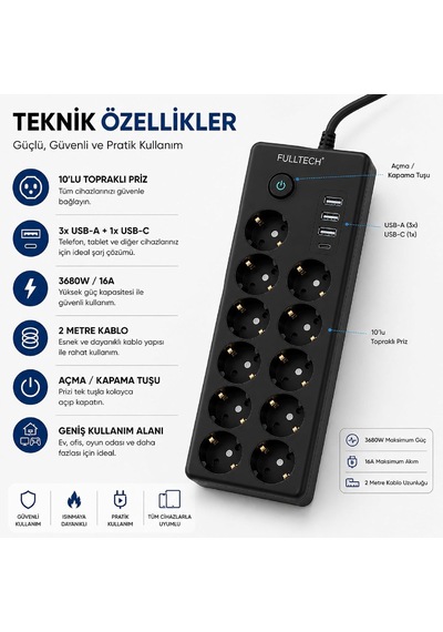 Çoklu Priz 10'lu Grup Priz Usb'li 3x Usb-a, 1x Usb-c , 3680w 16a, 2 Metre Kablo, Topraklı Uzatma Kablosu, Ev Ofis Gam 0