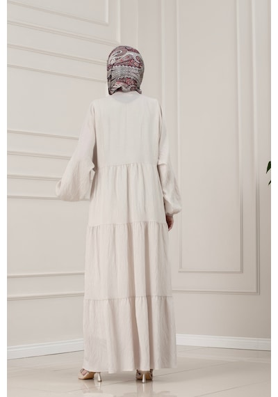Sevitli Lilyum Kumaş Robalı Katya Elbise-bej-5816
