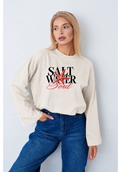 Medinenur Kadın Deniz Yıldızı Salt Water Baskılı Geniş Kollu Oversize Body Ekru