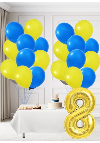 8 Yaş Sarı Lacivert Taraftar Temalı Doğum Günü Seti Sarı Lacivert Balonlar Altın Folyo Rakam Sarı