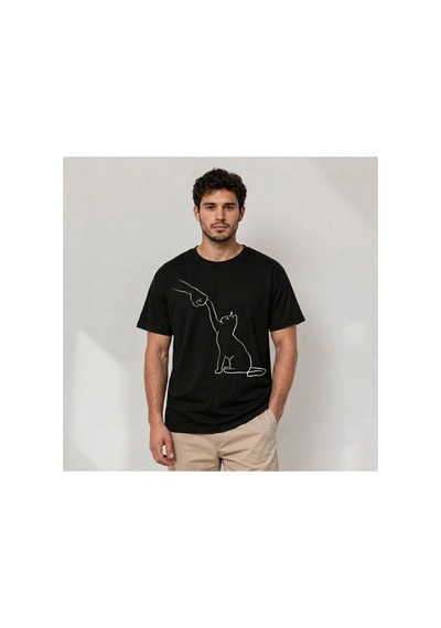 Butik İstanbul Erkek Minimal Kedi Çizim Baskılı Tişört Kısa Kol Yazlık T-shirt - Siyah